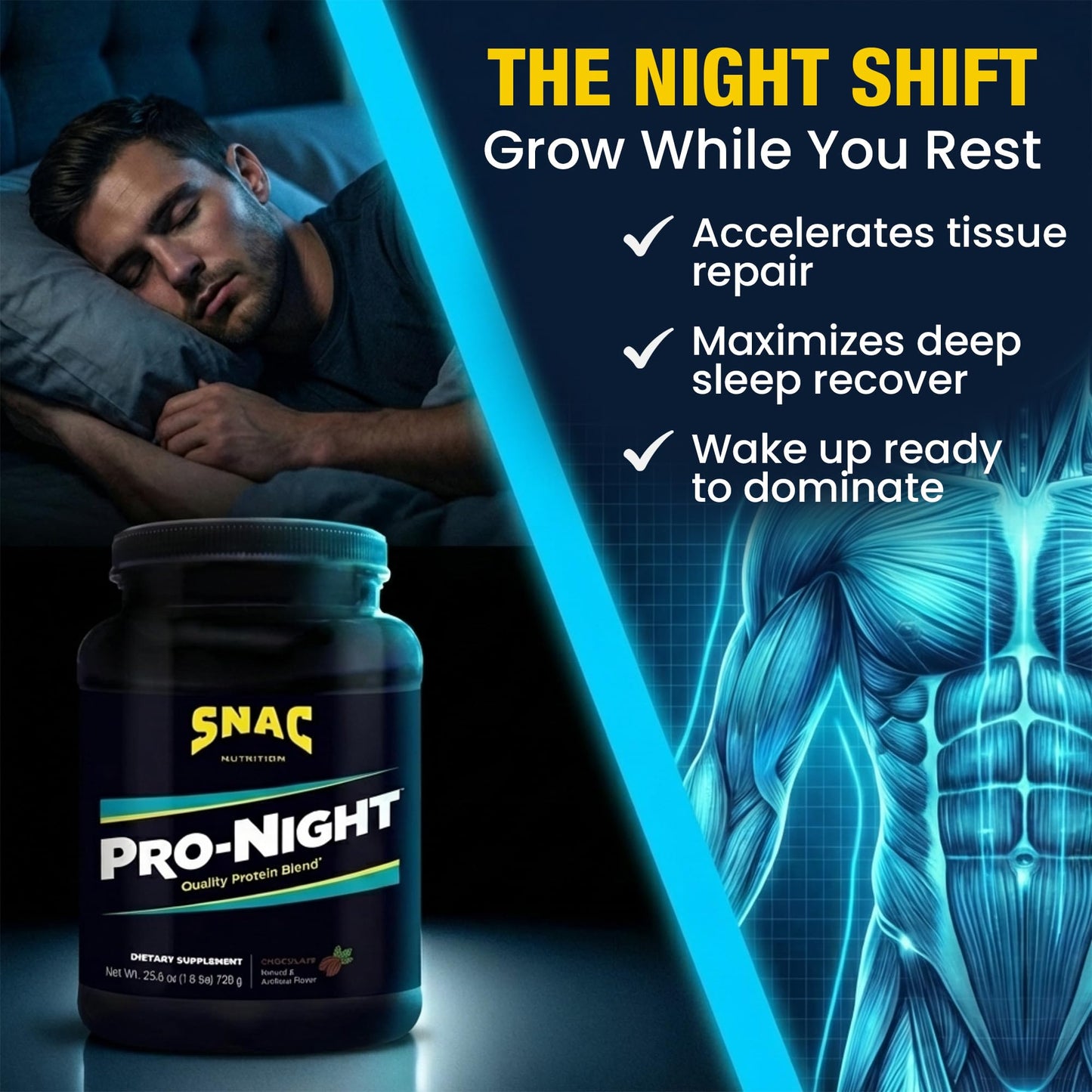 SNAC Pro-Night Protein Powder Blend - Quality Protein Powder for Men and Women, Nighttime Recovery, High Protein Supplement, Supports Muscle Repair, 26g Protein per Serving, Chocolate Flavor, 1.6 lbs - dailyvitalstore