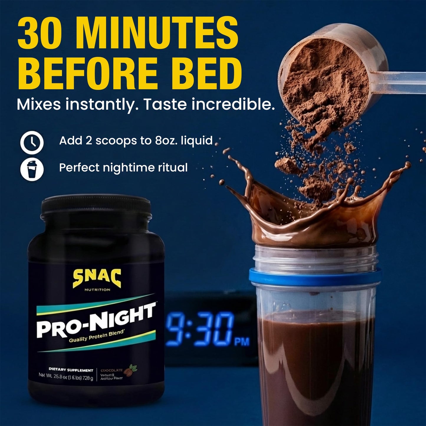 SNAC Pro-Night Protein Powder Blend - Quality Protein Powder for Men and Women, Nighttime Recovery, High Protein Supplement, Supports Muscle Repair, 26g Protein per Serving, Chocolate Flavor, 1.6 lbs - dailyvitalstore