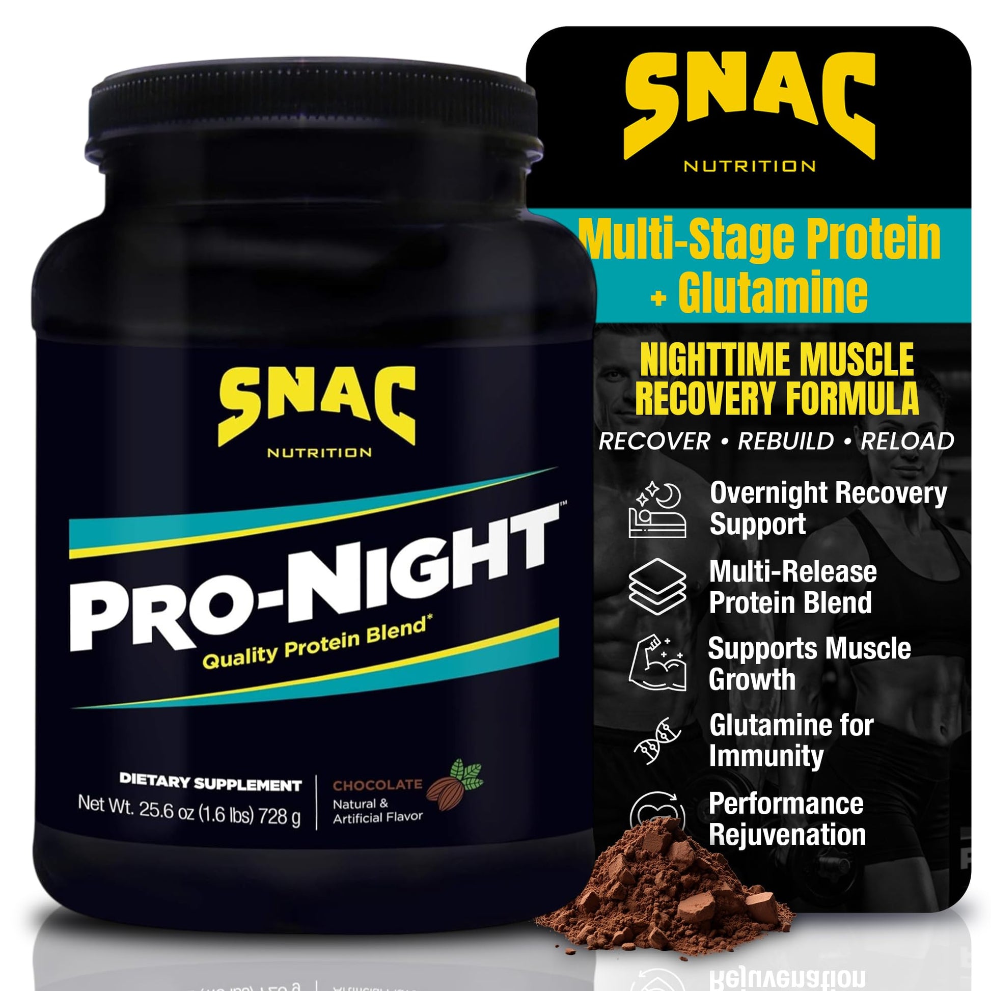 SNAC Pro-Night Protein Powder Blend - Quality Protein Powder for Men and Women, Nighttime Recovery, High Protein Supplement, Supports Muscle Repair, 26g Protein per Serving, Chocolate Flavor, 1.6 lbs - dailyvitalstore