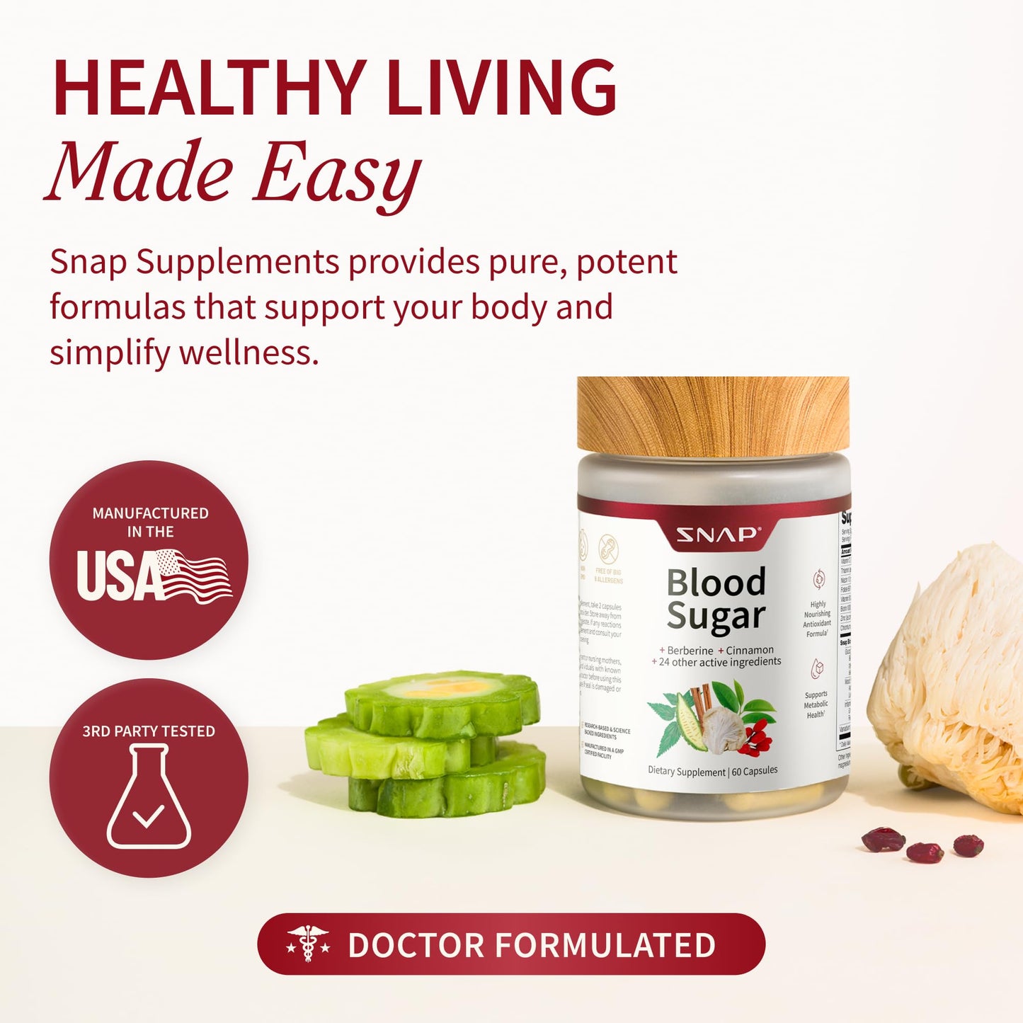Snap Supplements Blood Sugar Blend, CoQ10, Cinnamon, and Gymnema to Support Already Healthy Blood Sugar, Metabolic Health and Energy, - dailyvitalstore
