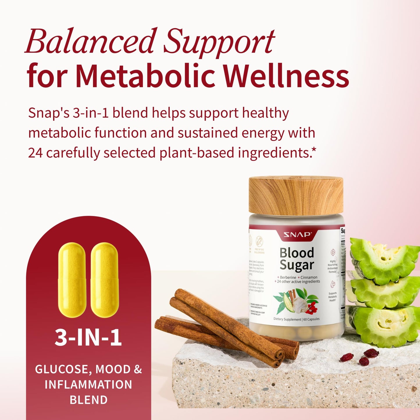 Snap Supplements Blood Sugar Blend, CoQ10, Cinnamon, and Gymnema to Support Already Healthy Blood Sugar, Metabolic Health and Energy, - dailyvitalstore