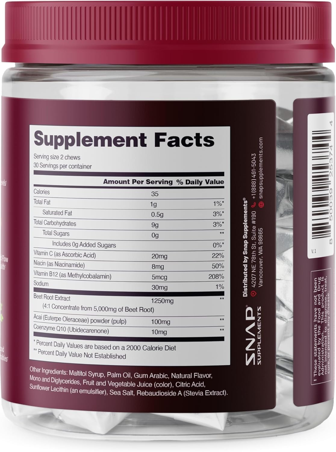 Snap Supplements Heart Beets Beet Root Soft Chews, Cardiovascular Support Supplement for Men & Women, CoQ10 & Acai, Energy & Circulation Support, - dailyvitalstore