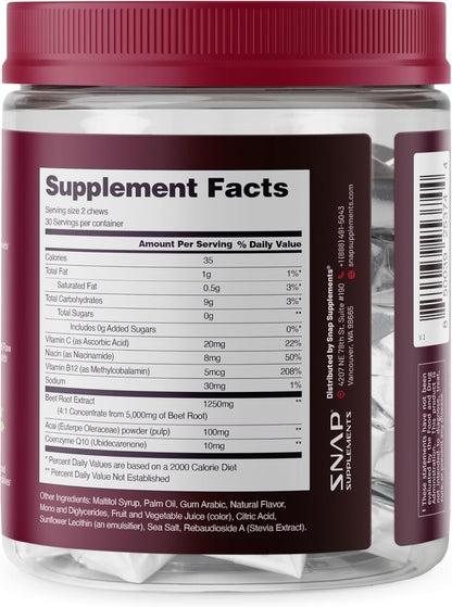 Snap Supplements Heart Beets Beet Root Soft Chews, Cardiovascular Support Supplement for Men & Women, CoQ10 & Acai, Energy & Circulation Support, - dailyvitalstore