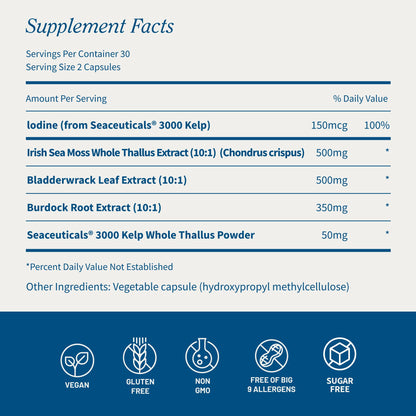 Snap Supplements Irish Sea Moss with Bladderwrack, Burdock Root & Iodine – Natural Sea Moss Supplement to Support Gut Health, Energy & Healthy-Looking Skin, 60 Vegan Capsules (1 Month Supply) - dailyvitalstore