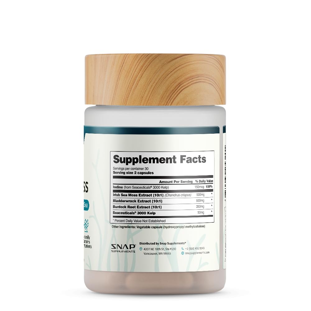 Snap Supplements Irish Sea Moss with Bladderwrack, Burdock Root & Iodine – Natural Sea Moss Supplement to Support Gut Health, Energy & Healthy-Looking Skin, 60 Vegan Capsules (1 Month Supply) - dailyvitalstore