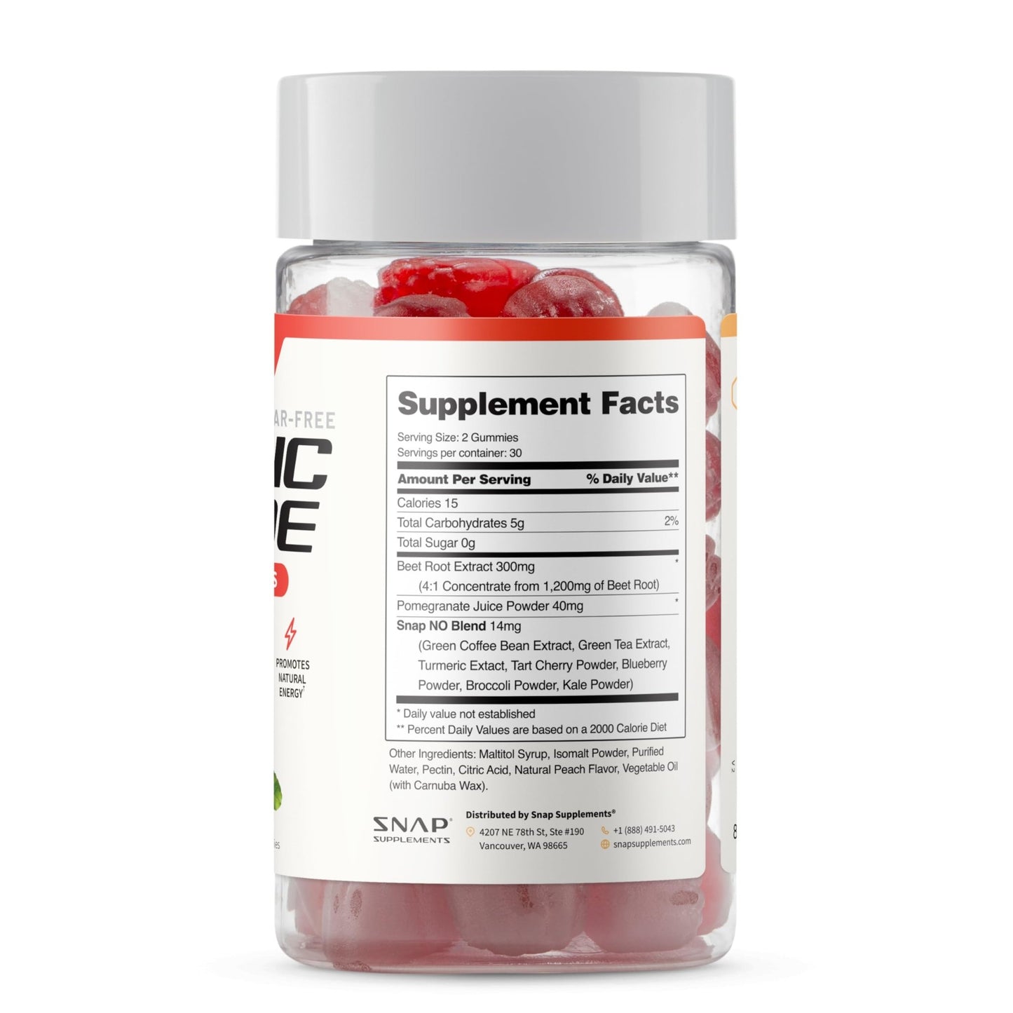 Snap Supplements Nitric Oxide Beet Root Gummies Supplement with Organic Beets - Energy & Circulation Support, 60 Sugar-Free Gummies (30 Servings, 1 Month Supply), Peach - dailyvitalstore