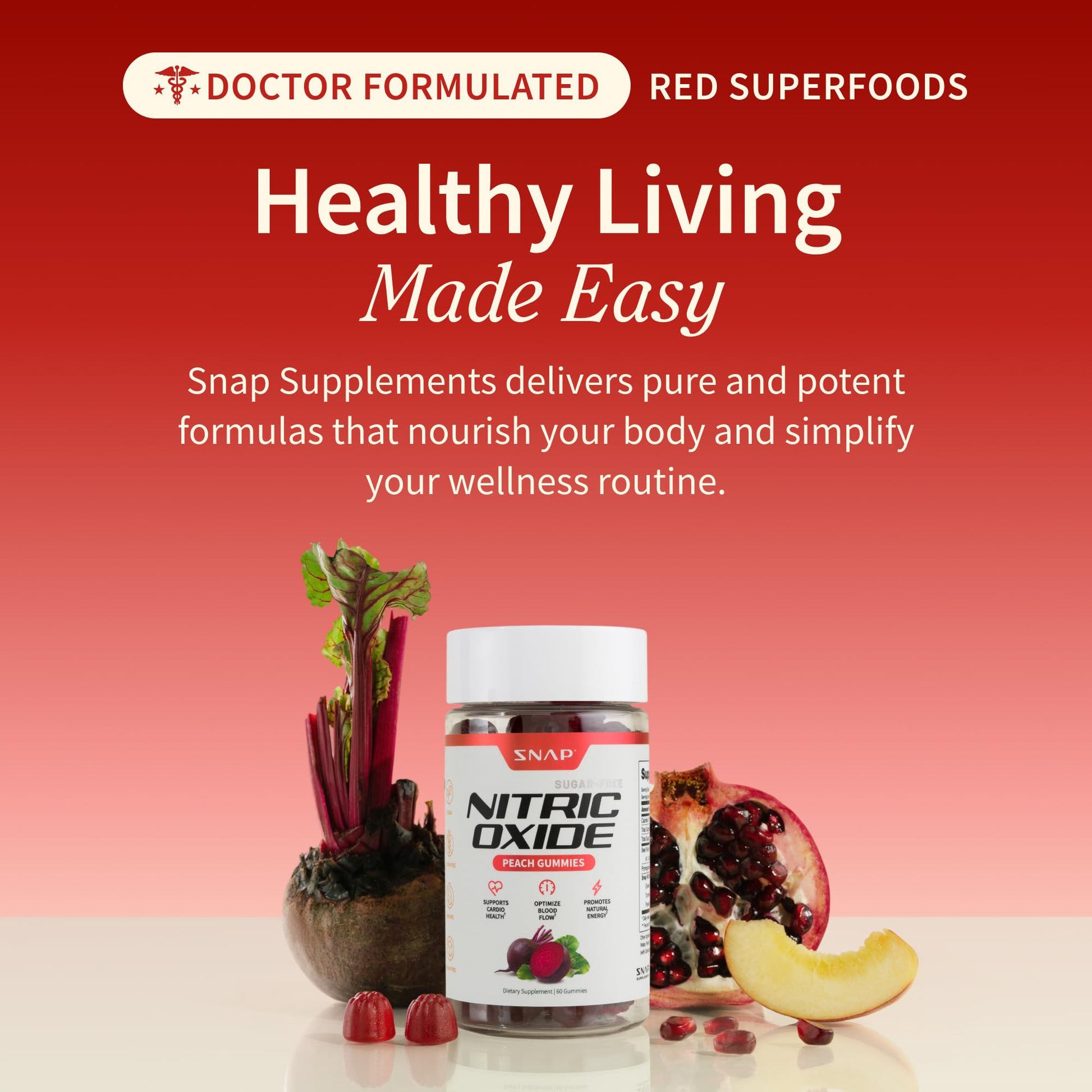 Snap Supplements Nitric Oxide Beet Root Gummies Supplement with Organic Beets - Energy & Circulation Support, 60 Sugar-Free Gummies (30 Servings, 1 Month Supply), Peach - dailyvitalstore
