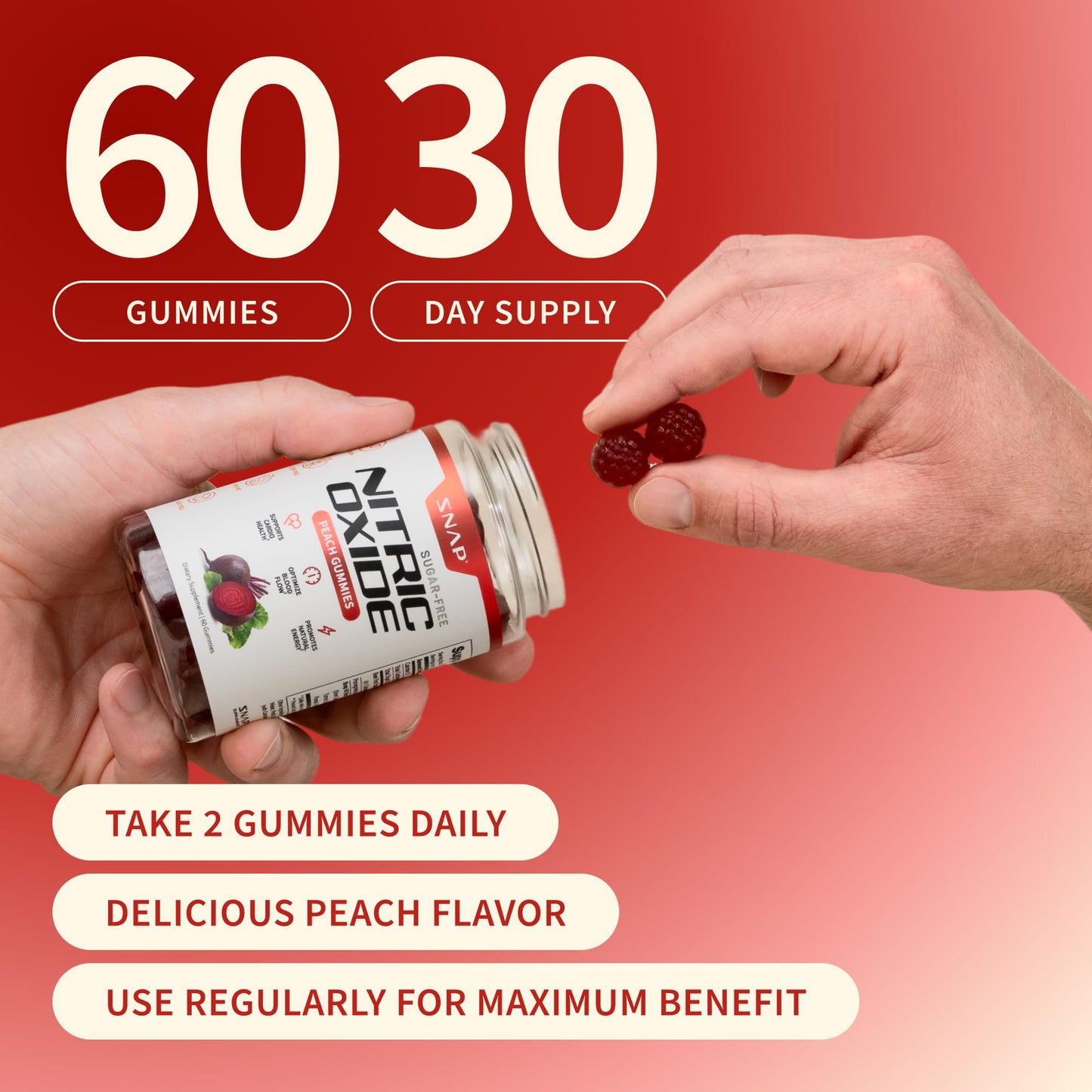 Snap Supplements Nitric Oxide Beet Root Gummies Supplement with Organic Beets - Energy & Circulation Support, 60 Sugar-Free Gummies (30 Servings, 1 Month Supply), Peach - dailyvitalstore