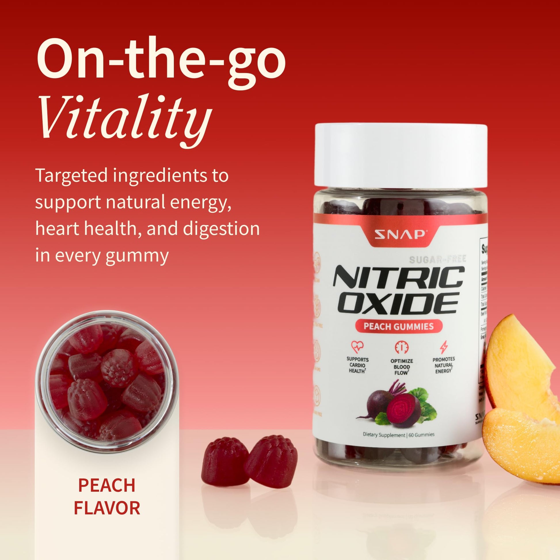 Snap Supplements Nitric Oxide Beet Root Gummies Supplement with Organic Beets - Energy & Circulation Support, 60 Sugar-Free Gummies (30 Servings, 1 Month Supply), Peach - dailyvitalstore