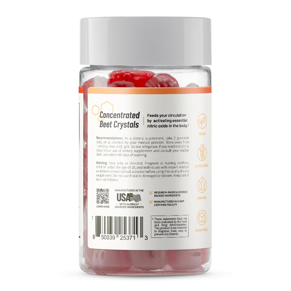 Snap Supplements Nitric Oxide Beet Root Gummies Supplement with Organic Beets - Energy & Circulation Support, 60 Sugar-Free Gummies (30 Servings, 1 Month Supply), Peach - dailyvitalstore