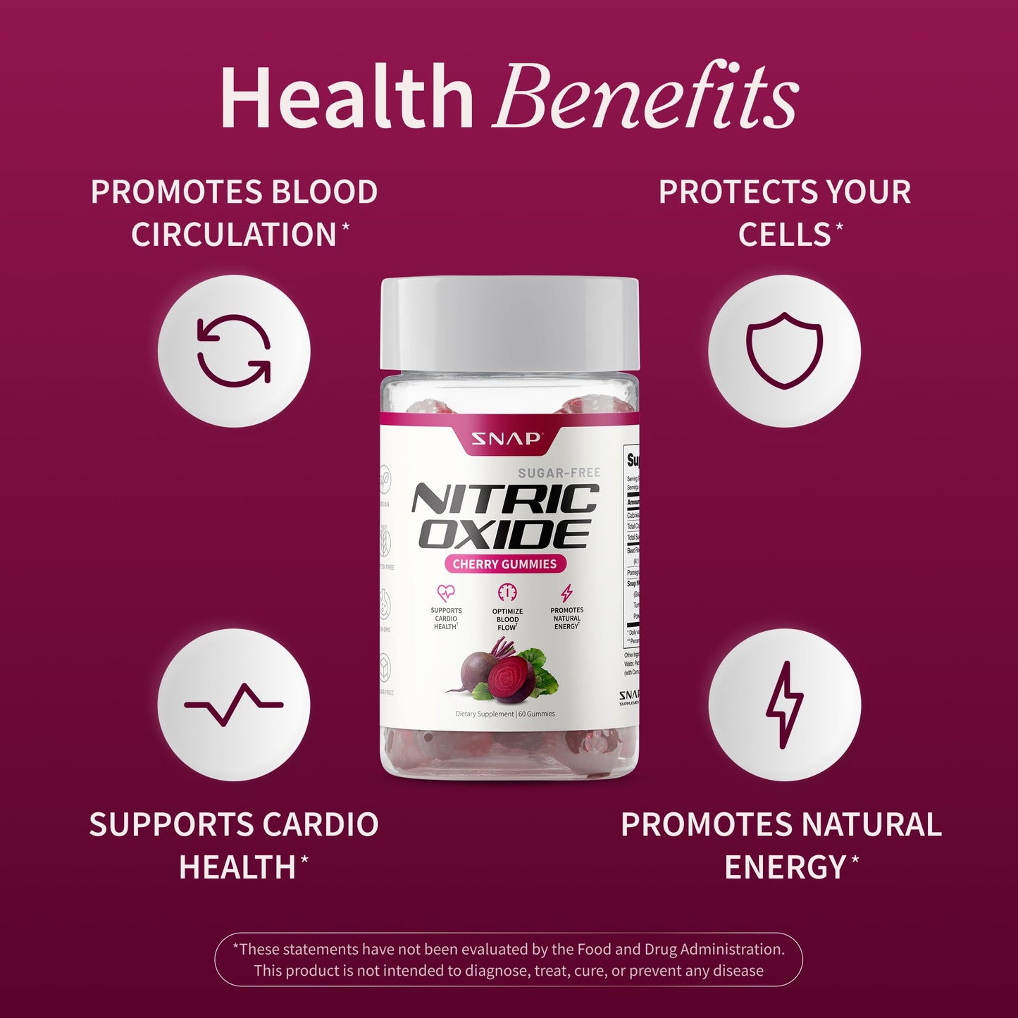 Snap Supplements Nitric Oxide Gummies - Beet Root Extract 300mg, Sugar Free Beetroot Supplement with Pomegranate Powder for Circulation & Natural Energy, 60 Vegan Gummies, Cherry Flavor - dailyvitalstore