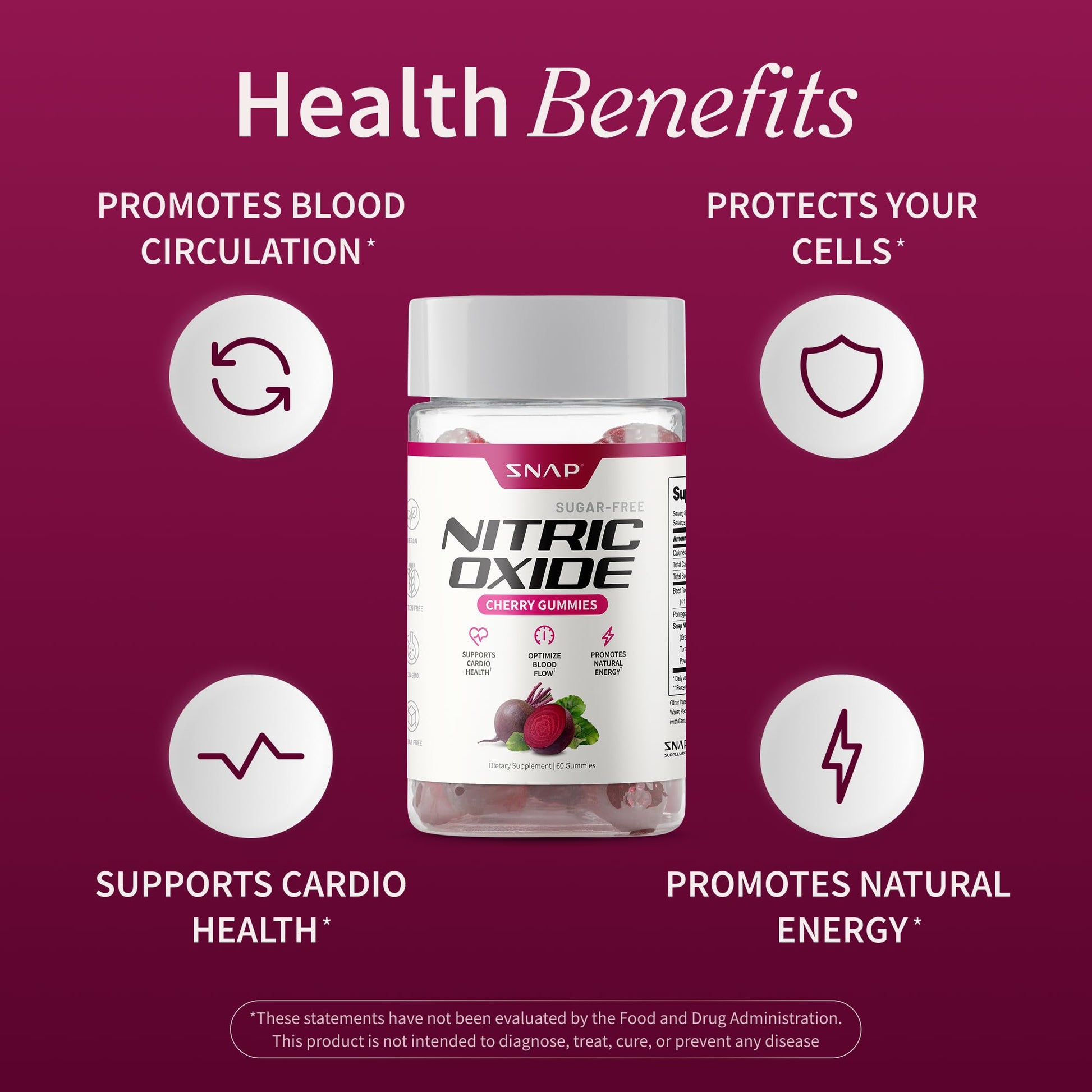 Snap Supplements Nitric Oxide Gummies - Beet Root Extract 300mg, Sugar Free Beetroot Supplement with Pomegranate Powder for Circulation & Natural Energy, 60 Vegan Gummies, Cherry Flavor - dailyvitalstore