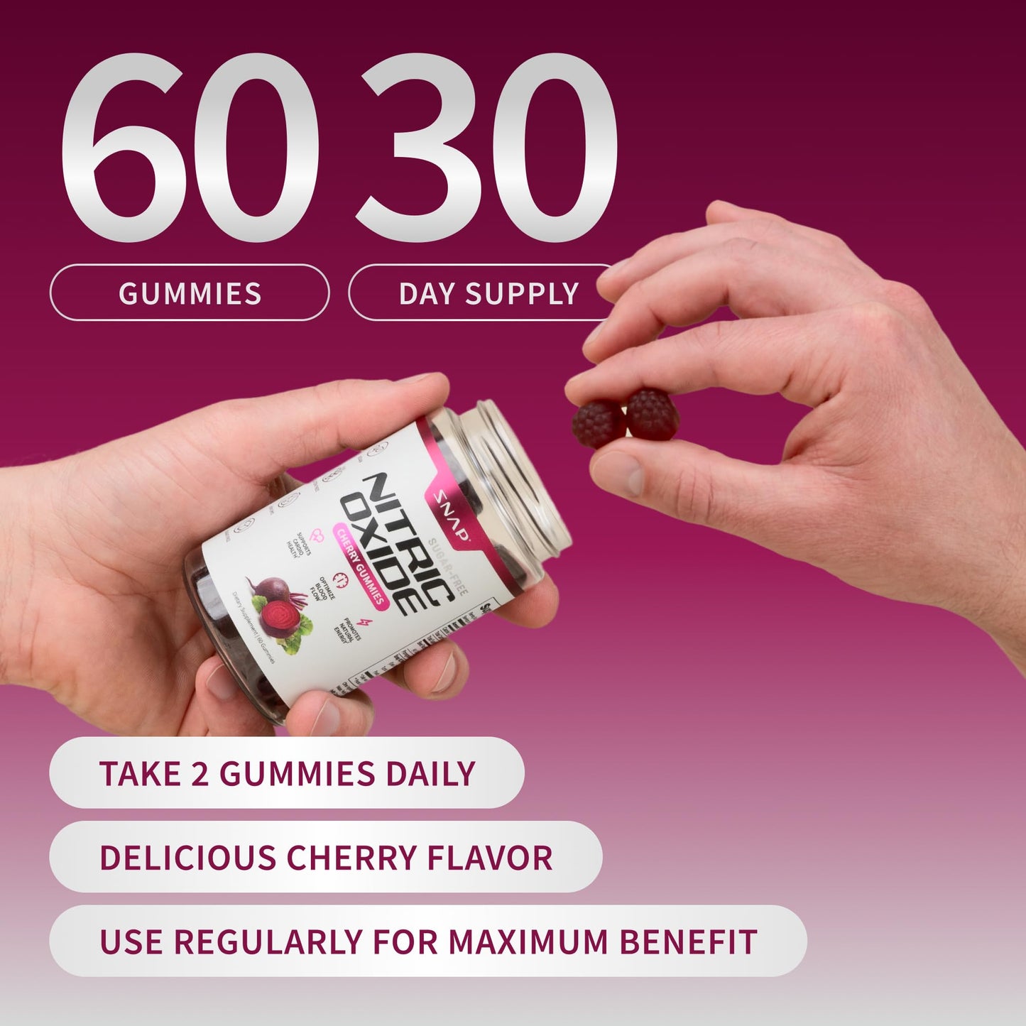 Snap Supplements Nitric Oxide Gummies - Beet Root Extract 300mg, Sugar Free Beetroot Supplement with Pomegranate Powder for Circulation & Natural Energy, 60 Vegan Gummies, Cherry Flavor - dailyvitalstore