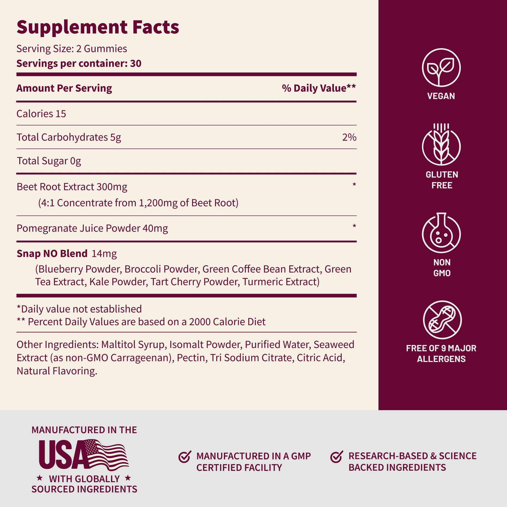 Snap Supplements Nitric Oxide Gummies - Beet Root Extract 300mg, Sugar Free Beetroot Supplement with Pomegranate Powder for Circulation & Natural Energy, 60 Vegan Gummies, Cherry Flavor - dailyvitalstore