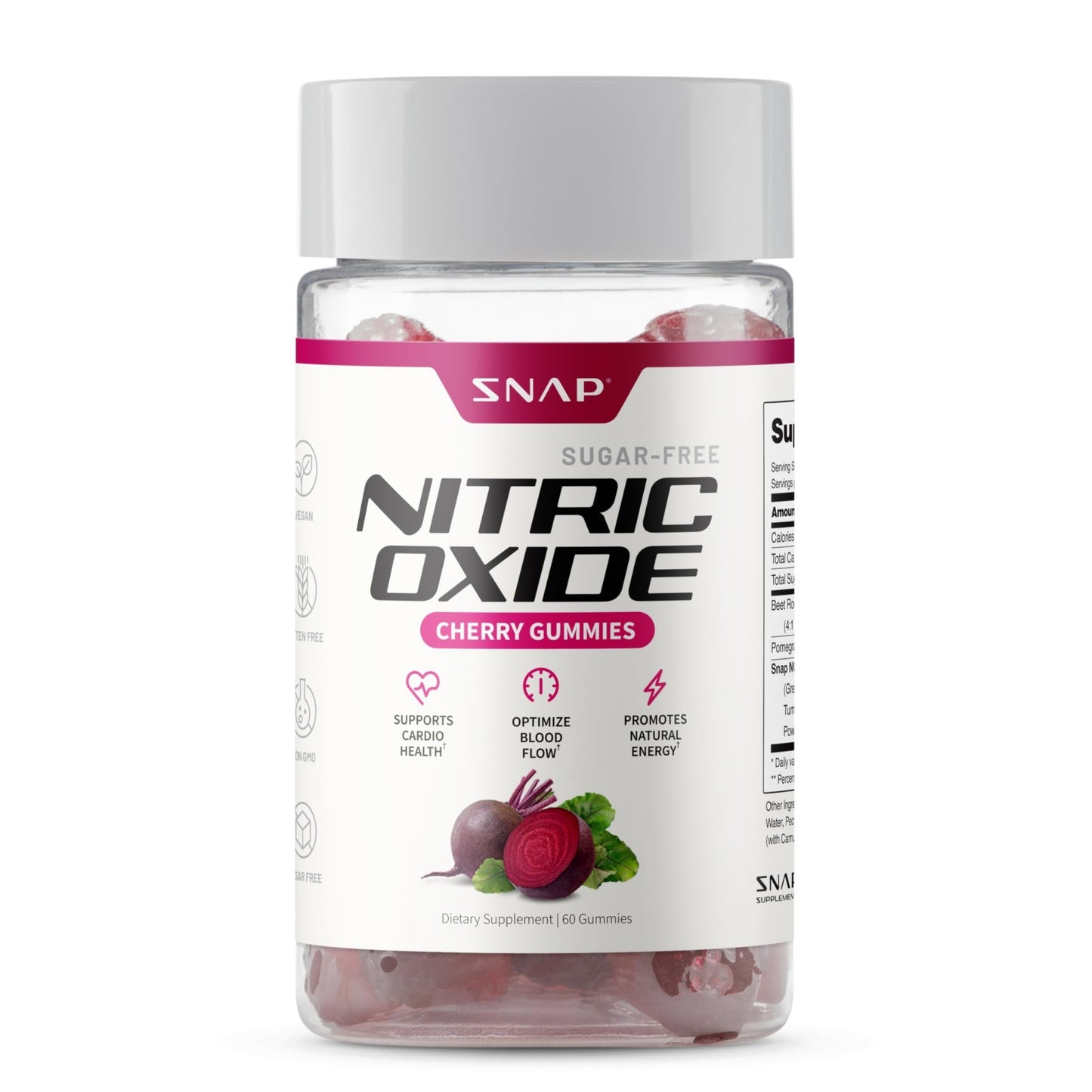 Snap Supplements Nitric Oxide Gummies - Beet Root Extract 300mg, Sugar Free Beetroot Supplement with Pomegranate Powder for Circulation & Natural Energy, 60 Vegan Gummies, Cherry Flavor - dailyvitalstore