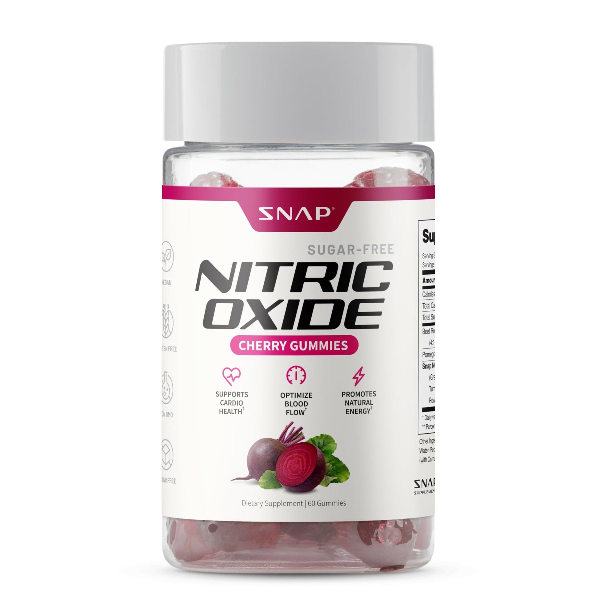 Snap Supplements Nitric Oxide Gummies - Beet Root Extract 300mg, Sugar Free Beetroot Supplement with Pomegranate Powder for Circulation & Natural Energy, 60 Vegan Gummies, Cherry Flavor - dailyvitalstore