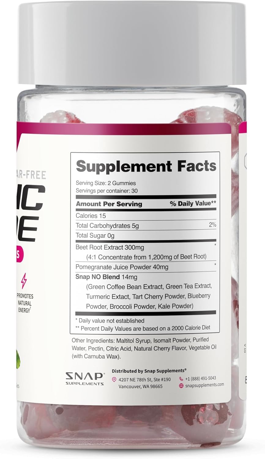 Snap Supplements Nitric Oxide Gummies - Beet Root Extract 300mg, Sugar Free Beetroot Supplement with Pomegranate Powder for Circulation & Natural Energy, 60 Vegan Gummies, Cherry Flavor - dailyvitalstore