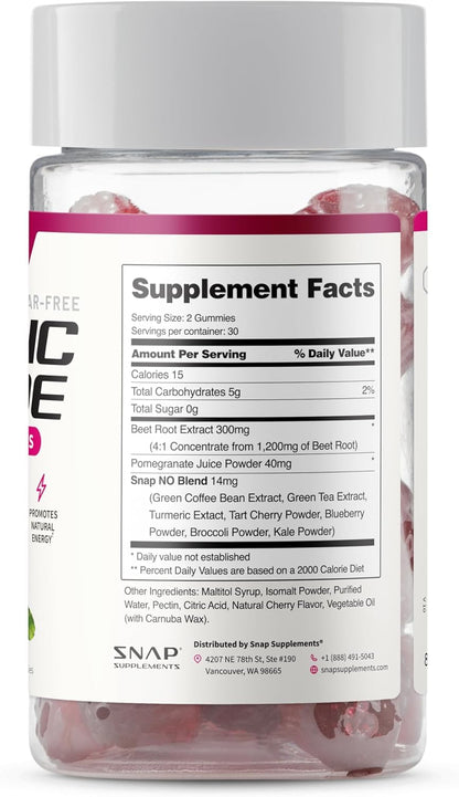 Snap Supplements Nitric Oxide Gummies - Beet Root Extract 300mg, Sugar Free Beetroot Supplement with Pomegranate Powder for Circulation & Natural Energy, 60 Vegan Gummies, Cherry Flavor - dailyvitalstore