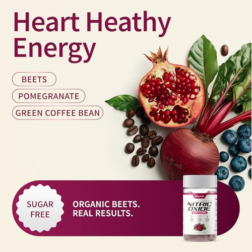 Snap Supplements Nitric Oxide Gummies - Beet Root Extract 300mg, Sugar Free Beetroot Supplement with Pomegranate Powder for Circulation & Natural Energy, 60 Vegan Gummies, Cherry Flavor - dailyvitalstore
