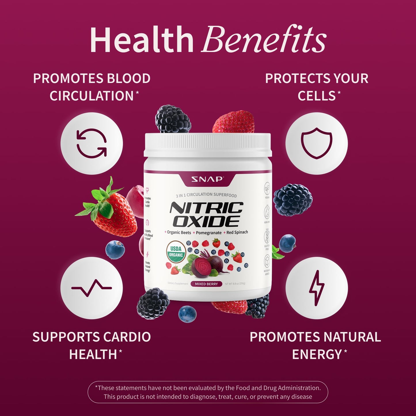 Snap Supplements Organic Beet Root Powder Nitric Oxide Supplement for Men & Women, Red Spinach & Pomegranate, Supports Healthy Energy & Blood Pressure Already in Normal Range, 30 Servings, Mixed Berry - dailyvitalstore