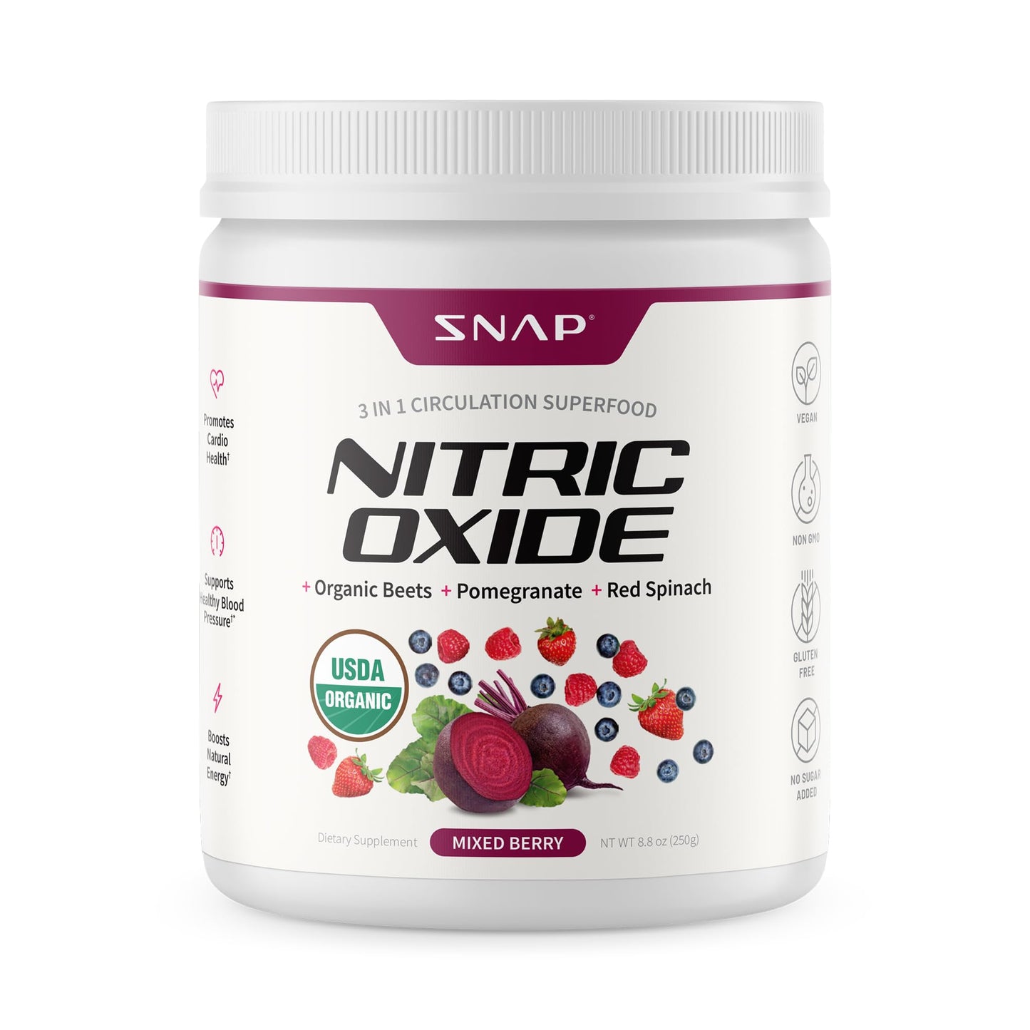 Snap Supplements Organic Beet Root Powder Nitric Oxide Supplement for Men & Women, Red Spinach & Pomegranate, Supports Healthy Energy & Blood Pressure Already in Normal Range, 30 Servings, Mixed Berry - dailyvitalstore