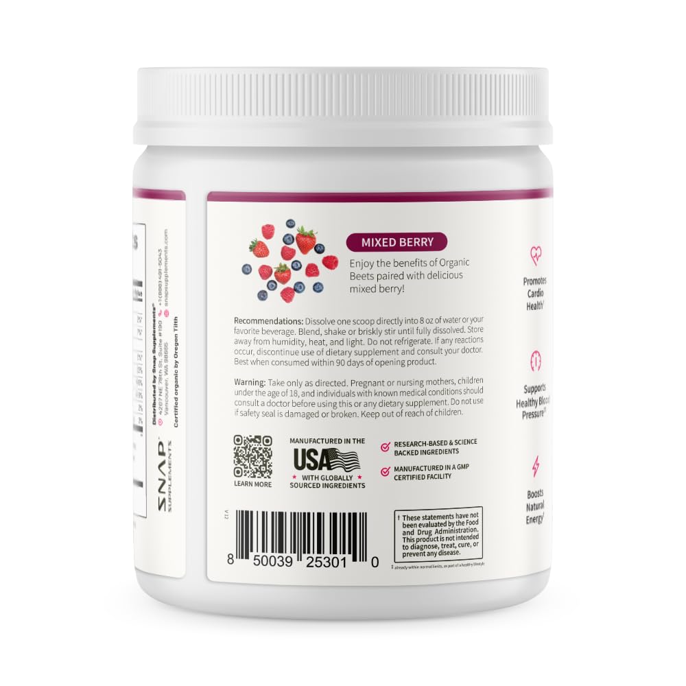 Snap Supplements Organic Beet Root Powder Nitric Oxide Supplement for Men & Women, Red Spinach & Pomegranate, Supports Healthy Energy & Blood Pressure Already in Normal Range, 30 Servings, Mixed Berry - dailyvitalstore