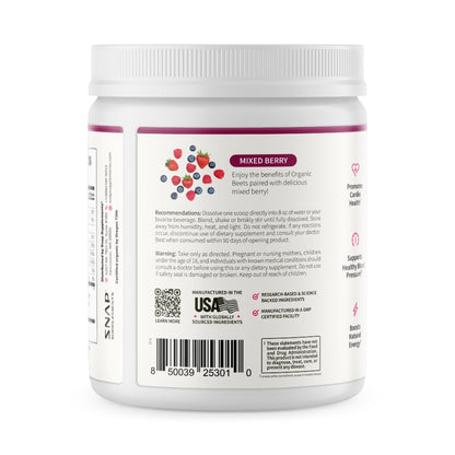 Snap Supplements Organic Beet Root Powder Nitric Oxide Supplement for Men & Women, Red Spinach & Pomegranate, Supports Healthy Energy & Blood Pressure Already in Normal Range, 30 Servings, Mixed Berry - dailyvitalstore
