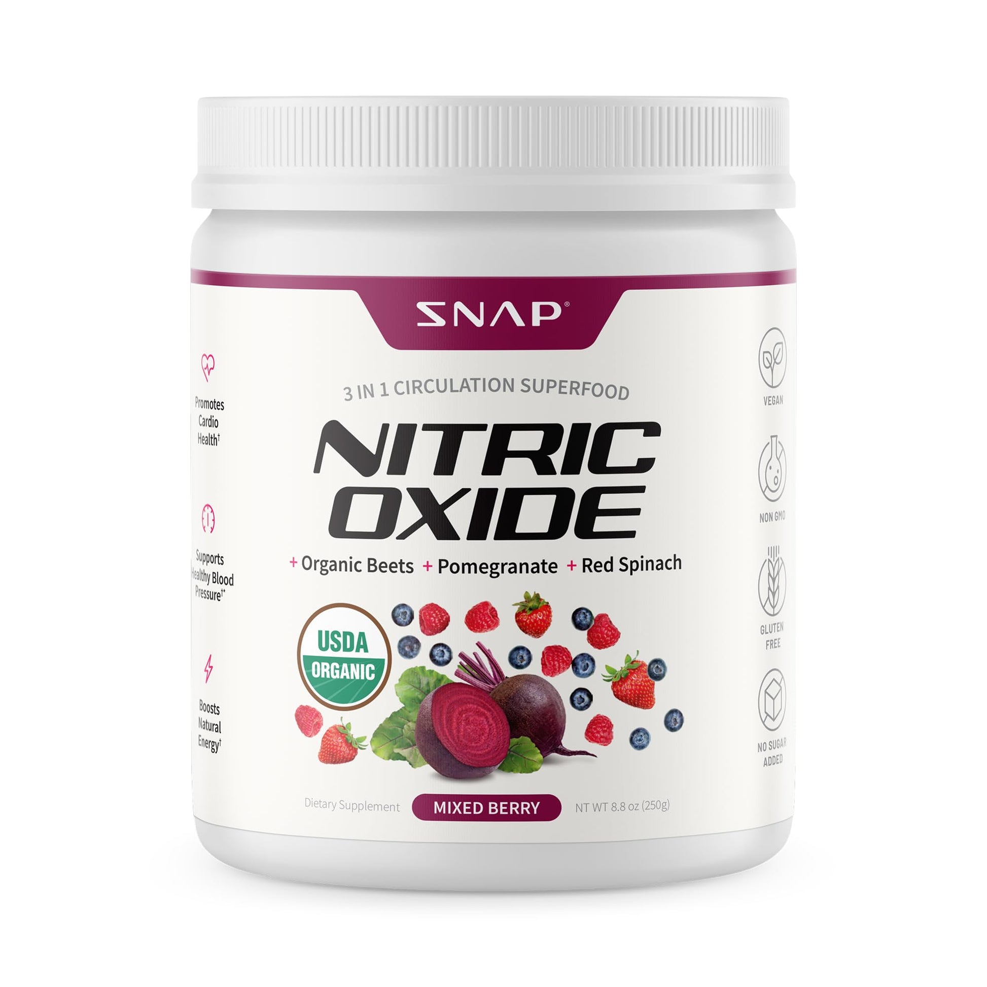 Snap Supplements Organic Beet Root Powder Nitric Oxide Supplement for Men & Women, Red Spinach & Pomegranate, Supports Healthy Energy & Blood Pressure Already in Normal Range, 30 Servings, Mixed Berry - dailyvitalstore