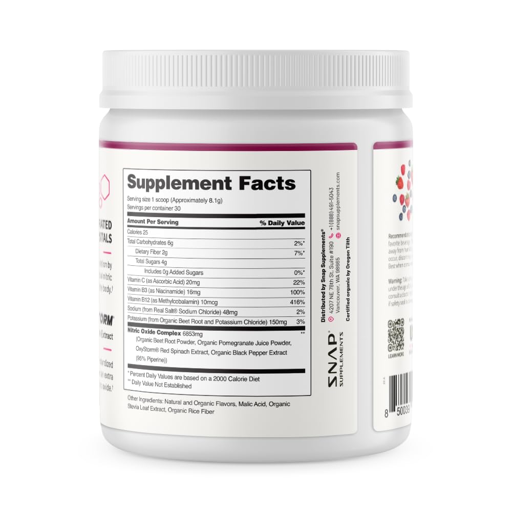 Snap Supplements Organic Beet Root Powder Nitric Oxide Supplement for Men & Women, Red Spinach & Pomegranate, Supports Healthy Energy & Blood Pressure Already in Normal Range, 30 Servings, Mixed Berry - dailyvitalstore
