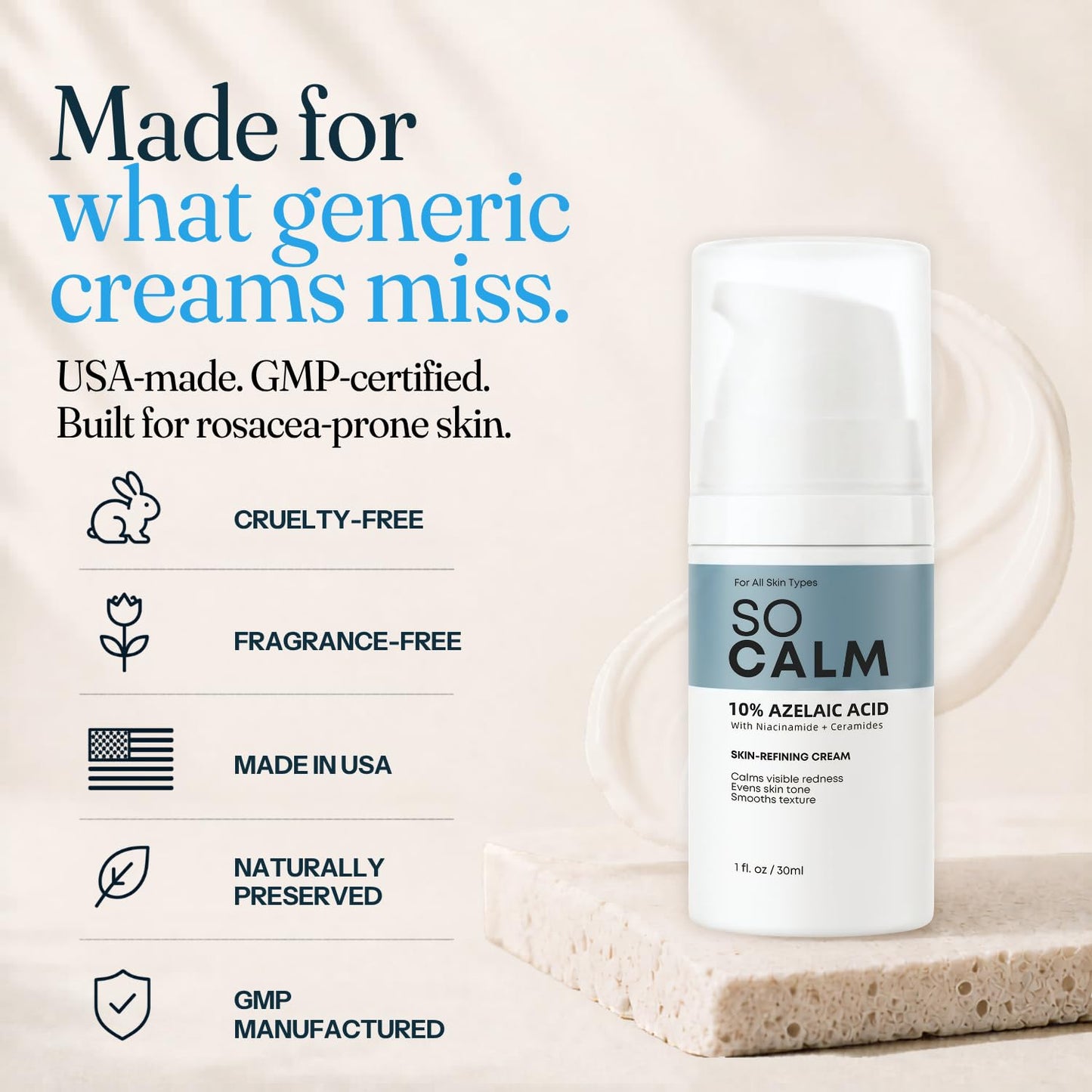 SoCalm Azelaic Acid 10% for Rosacea-Prone Skin – Calms Face Redness & Evens Tone, with Niacinamide & Ceramide NP, Fragrance-Free, 30ml / 1oz - dailyvitalstore