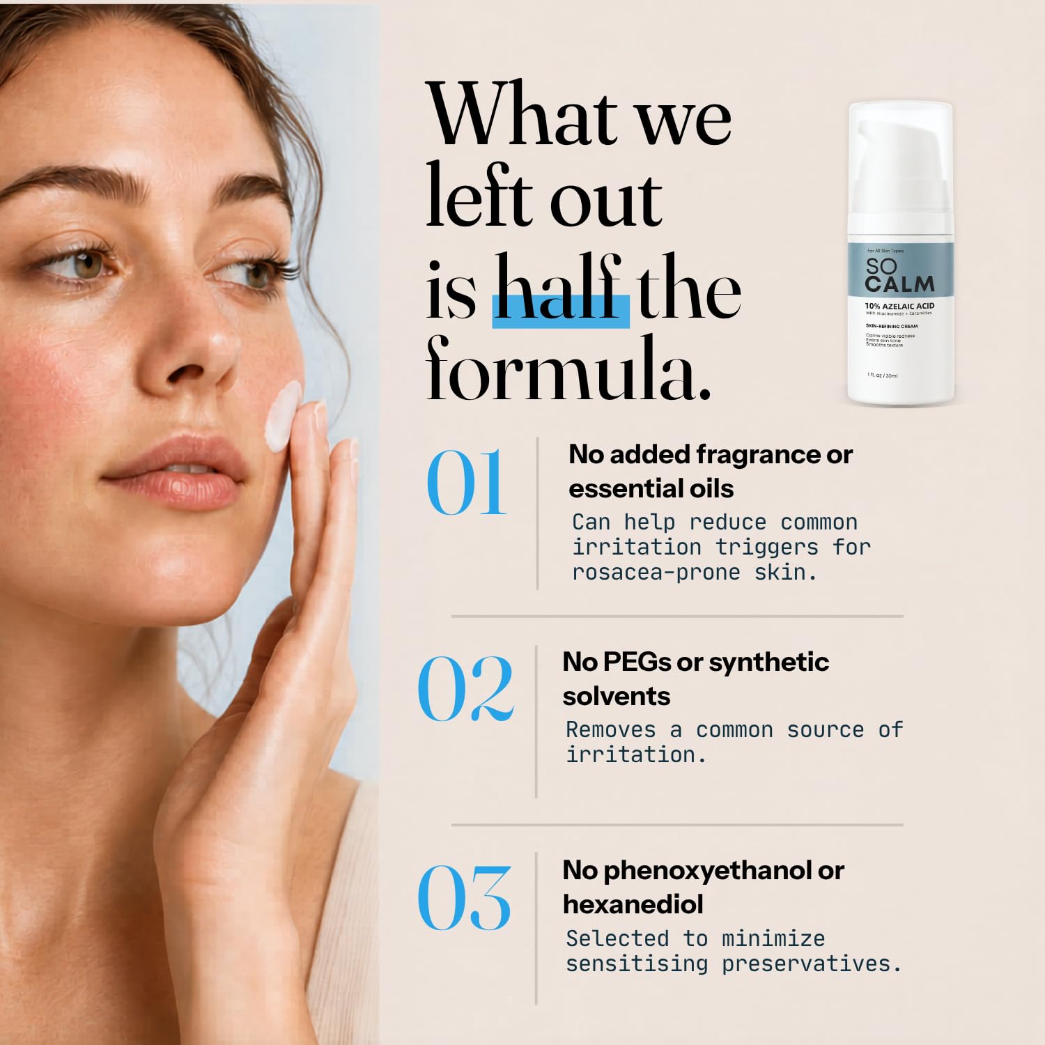 SoCalm Azelaic Acid 10% for Rosacea-Prone Skin – Calms Face Redness & Evens Tone, with Niacinamide & Ceramide NP, Fragrance-Free, 30ml / 1oz - dailyvitalstore