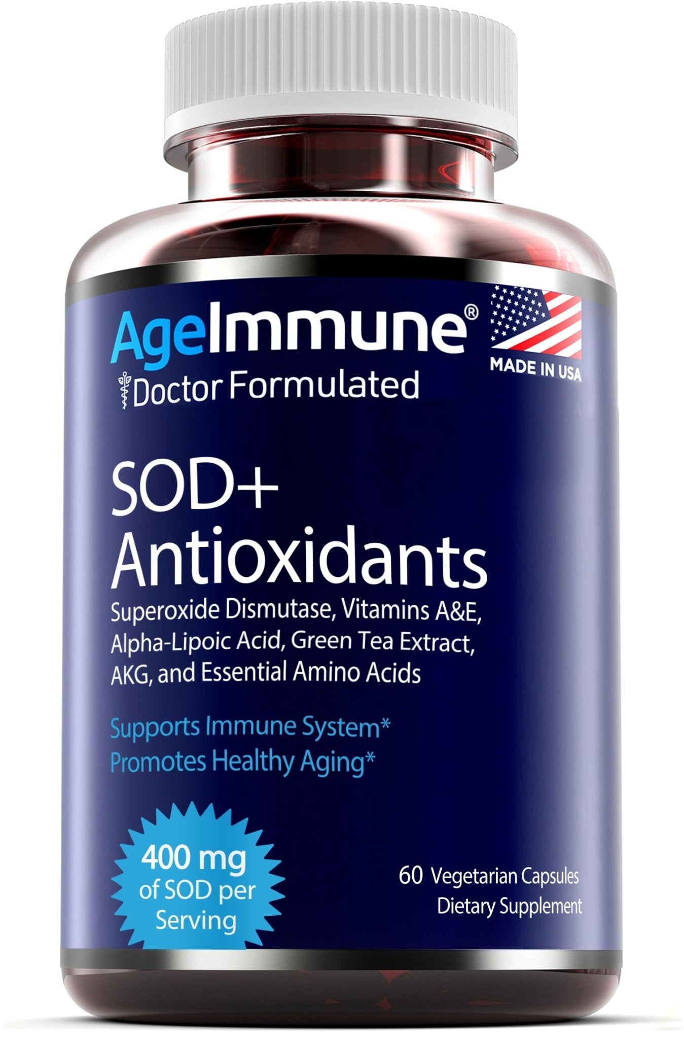 SOD Antioxidants Complex Healthy Aging Supplement - 400mg of Superoxide Dismutase - Alpha Lipoic Acid - L-Arginine -Lysine - AKG - Vitamin A - Vitamin E for Immune Support-60 Capsules - dailyvitalstore