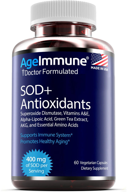 SOD Antioxidants Complex Healthy Aging Supplement - 400mg of Superoxide Dismutase - Alpha Lipoic Acid - L-Arginine -Lysine - AKG - Vitamin A - Vitamin E for Immune Support-60 Capsules - dailyvitalstore