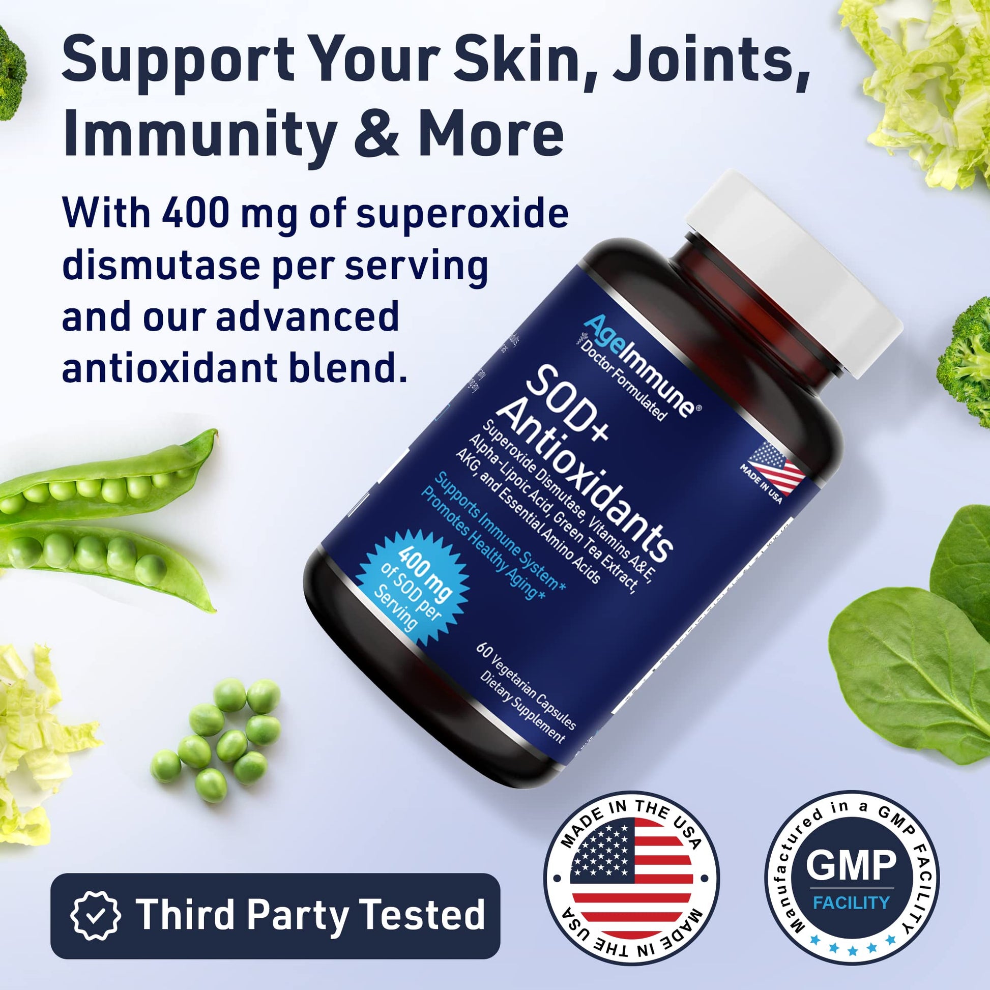 SOD Antioxidants Complex Healthy Aging Supplement - 400mg of Superoxide Dismutase - Alpha Lipoic Acid - L-Arginine -Lysine - AKG - Vitamin A - Vitamin E for Immune Support-60 Capsules - dailyvitalstore