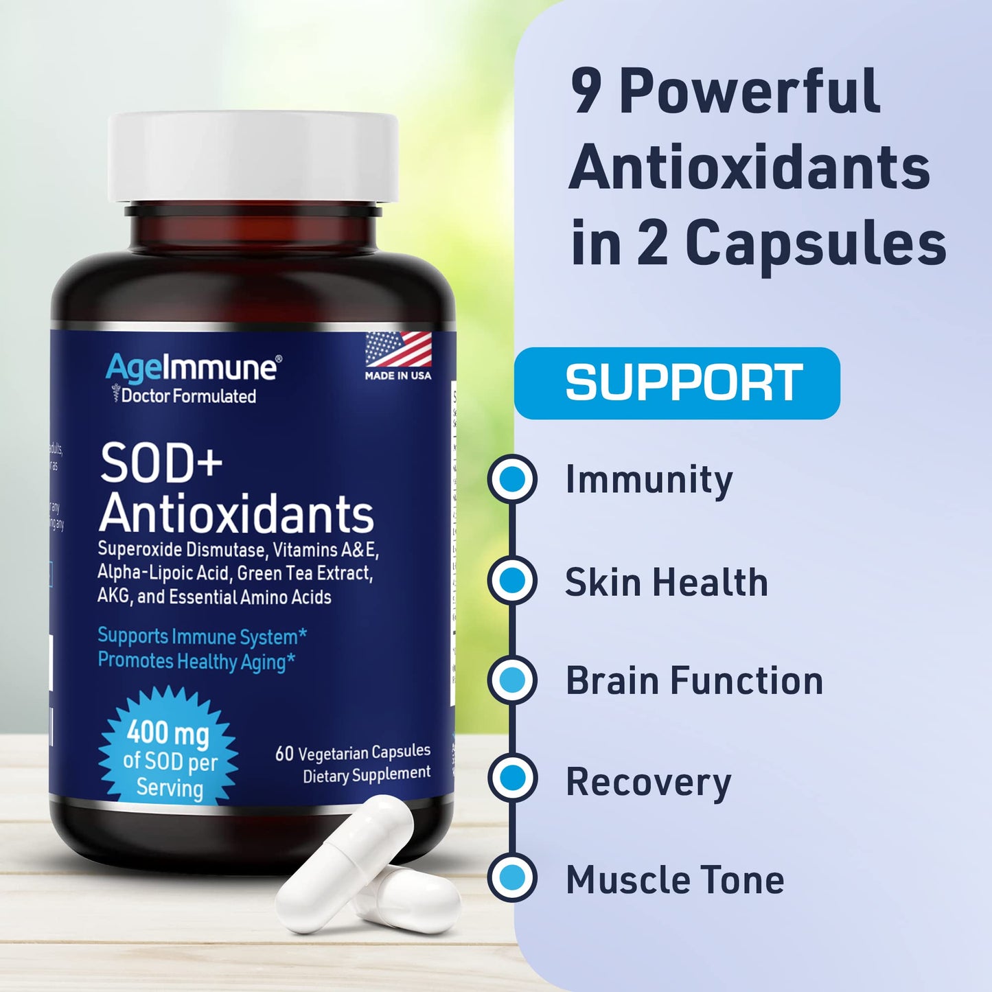 SOD Antioxidants Complex Healthy Aging Supplement - 400mg of Superoxide Dismutase - Alpha Lipoic Acid - L-Arginine -Lysine - AKG - Vitamin A - Vitamin E for Immune Support-60 Capsules - dailyvitalstore
