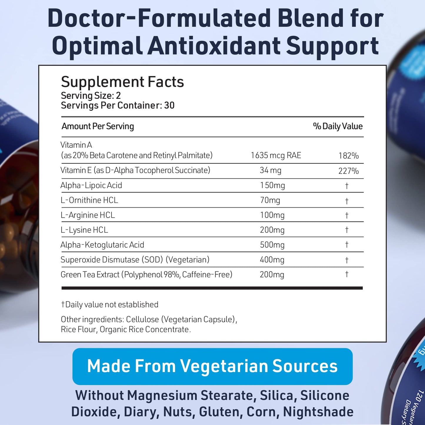 SOD Antioxidants Complex Healthy Aging Supplement - 400mg of Superoxide Dismutase - Alpha Lipoic Acid - L-Arginine -Lysine - AKG - Vitamin A - Vitamin E for Immune Support-60 Capsules - dailyvitalstore