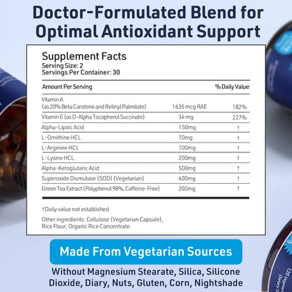 SOD Antioxidants Complex Healthy Aging Supplement - 400mg of Superoxide Dismutase - Alpha Lipoic Acid - L-Arginine -Lysine - AKG - Vitamin A - Vitamin E for Immune Support-60 Capsules - dailyvitalstore