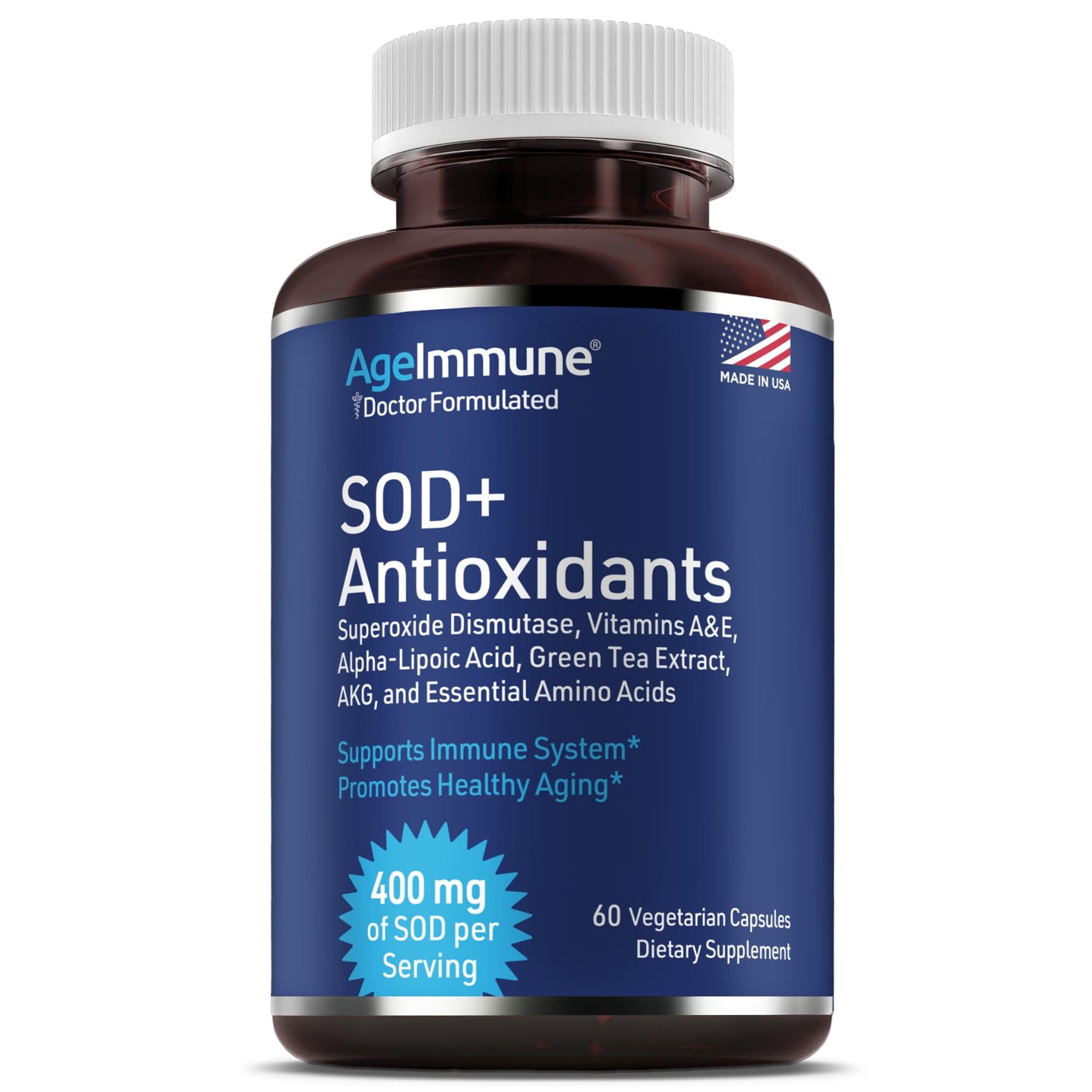 SOD Antioxidants Complex Healthy Aging Supplement - 400mg of Superoxide Dismutase - Alpha Lipoic Acid - L-Arginine -Lysine - AKG - Vitamin A - Vitamin E for Immune Support-60 Capsules - dailyvitalstore