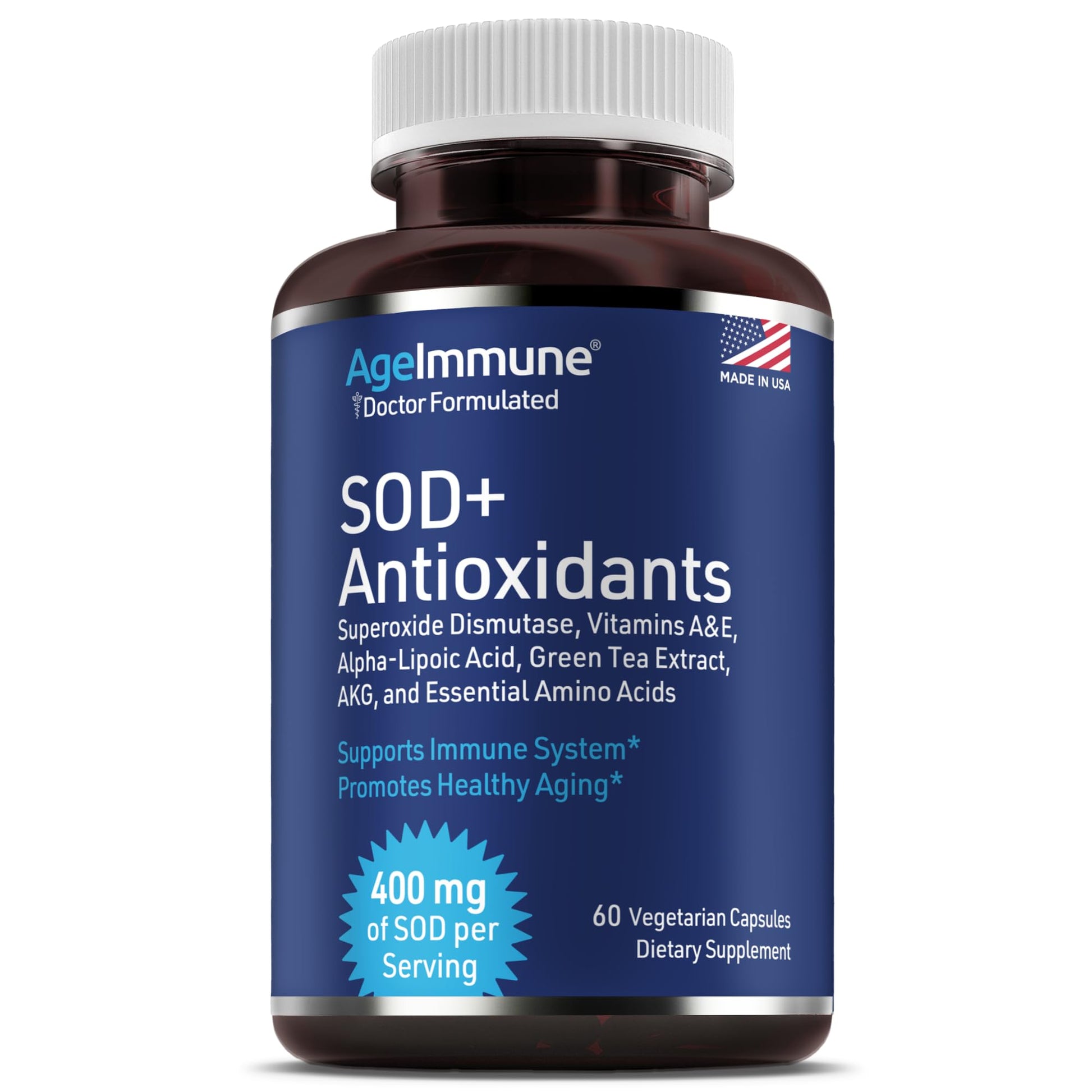 SOD Antioxidants Complex Healthy Aging Supplement - 400mg of Superoxide Dismutase - Alpha Lipoic Acid - L-Arginine -Lysine - AKG - Vitamin A - Vitamin E for Immune Support-60 Capsules - dailyvitalstore