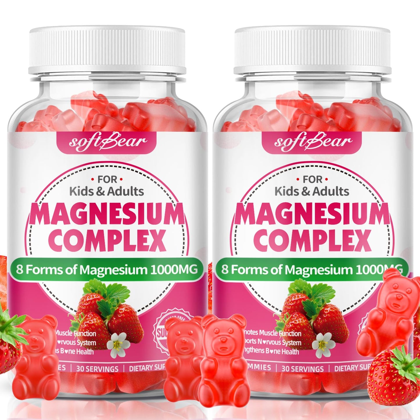 softbear Magnesium Complex Gummies for Women & Men & Kids, 8 in 1 Magnesium Complex Supplement 1000mg-Magnesium Glycinate,Citrate,Malate Supports Calm, Zzz, Muscle Cramp, Strawberry Flavor 120 Count - dailyvitalstore