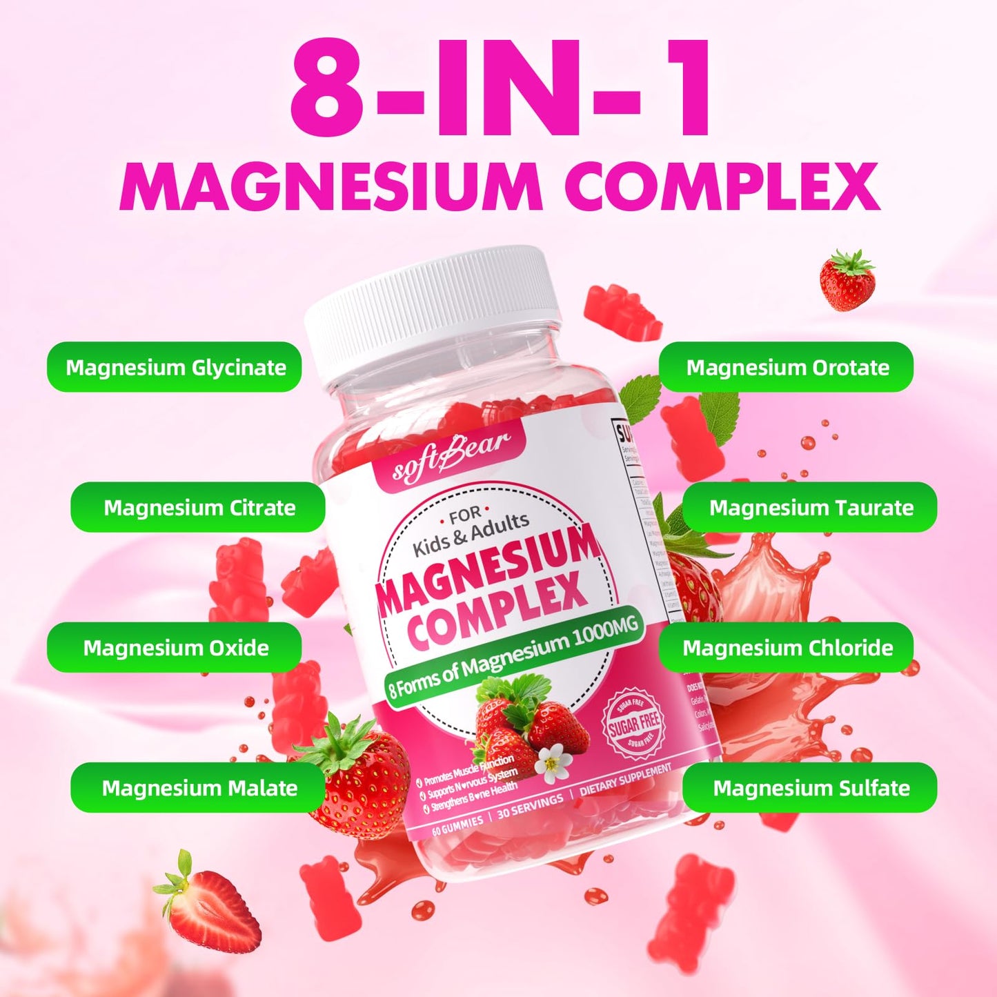 softbear Magnesium Complex Gummies for Women & Men & Kids, 8 in 1 Magnesium Complex Supplement 1000mg-Magnesium Glycinate,Citrate,Malate Supports Calm, Zzz, Muscle Cramp, Strawberry Flavor 120 Count - dailyvitalstore