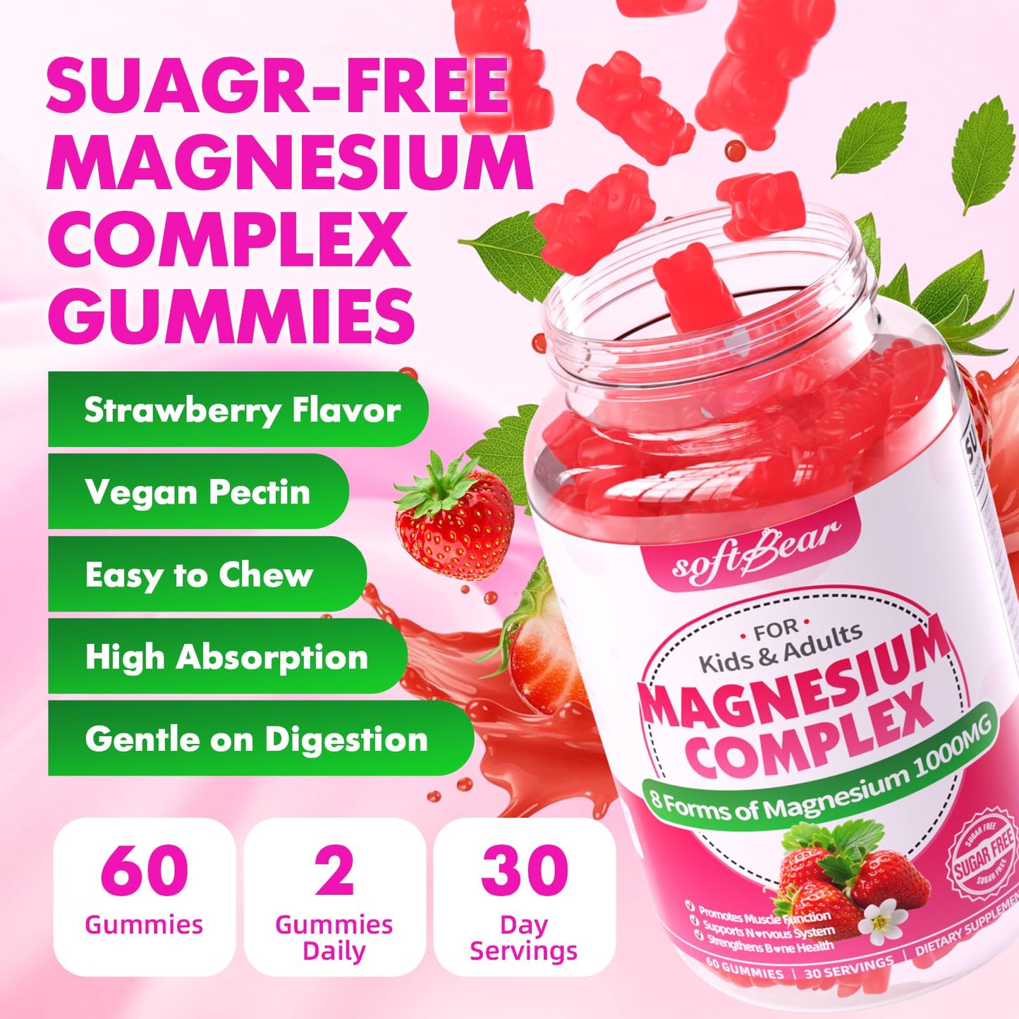 softbear Magnesium Complex Gummies for Women & Men & Kids, 8 in 1 Magnesium Complex Supplement 1000mg-Magnesium Glycinate,Citrate,Malate Supports Calm, Zzz, Muscle Cramp, Strawberry Flavor 120 Count - dailyvitalstore