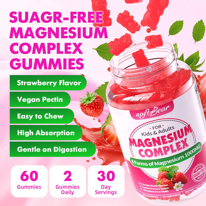 softbear Magnesium Complex Gummies for Women & Men & Kids, 8 in 1 Magnesium Complex Supplement 1000mg-Magnesium Glycinate,Citrate,Malate Supports Calm, Zzz, Muscle Cramp, Strawberry Flavor 120 Count - dailyvitalstore