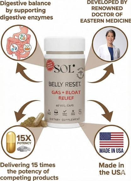 Sol Nutrition Complete Belly Reset - Gut Cleanse Detox for Men & Women - 60 Easy to Swallow Capsules - Herbal, Vegan & Gluten Free Gut Reset - dailyvitalstore