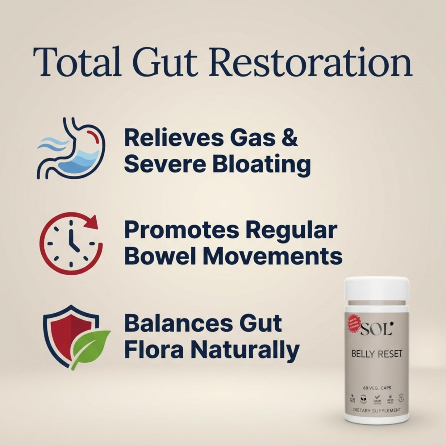 Sol Nutrition Complete Belly Reset - Gut Cleanse Detox for Men & Women - 60 Easy to Swallow Capsules - Herbal, Vegan & Gluten Free Gut Reset - dailyvitalstore
