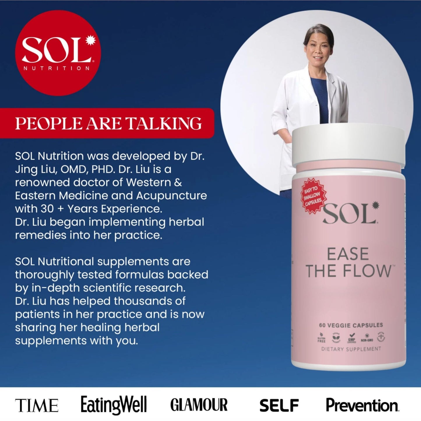Sol Nutrition Ease the Flow - PMS Support, Menstrual Relief, PMDD Supplements, Period Relief Products, Eases Bloating & Mood Swings, Vitamins B6 & B8, 60 Easy-to-Swallow Capsules - dailyvitalstore