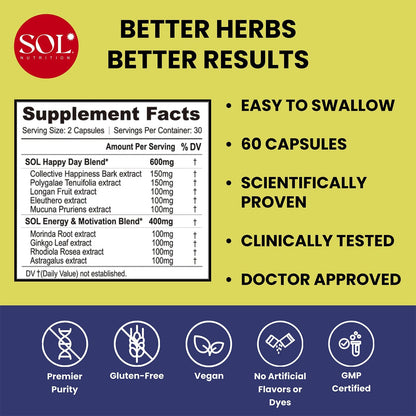 Sol Nutrition Happy Day Supplement: Combining The Natural Herbal Properties of Collective Happiness Bark, Astragalus, and Gingko Biloba to Support a Healthy Lifestyle - 60 Easy to Swallow Capsules - dailyvitalstore