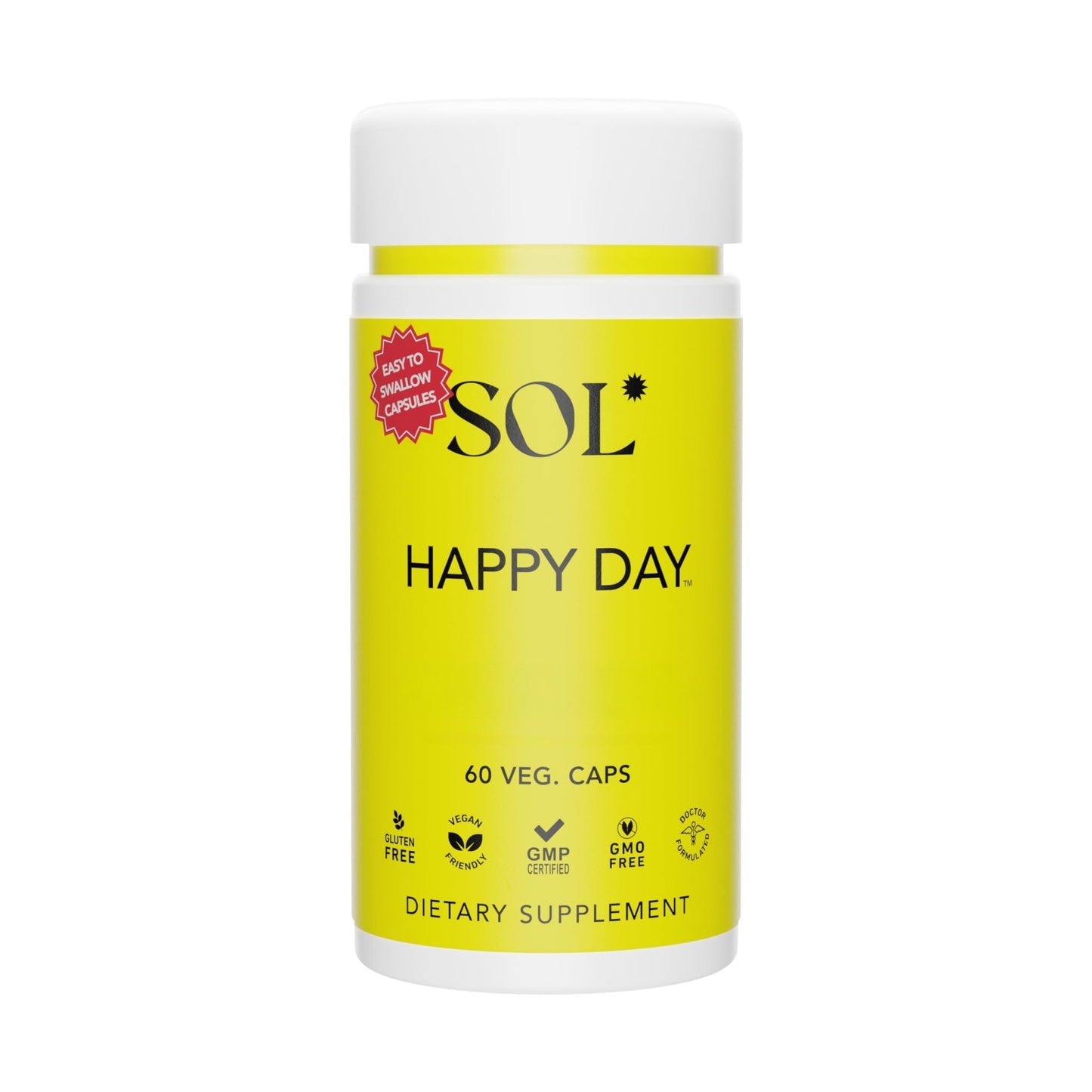 Sol Nutrition Happy Day Supplement: Combining The Natural Herbal Properties of Collective Happiness Bark, Astragalus, and Gingko Biloba to Support a Healthy Lifestyle - 60 Easy to Swallow Capsules - dailyvitalstore