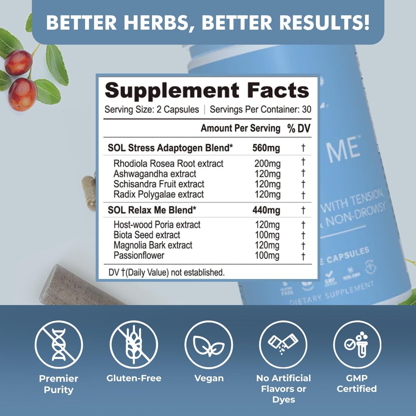 Sol Nutrition Relax Me - Natural Calming Relief for Stress, Tension, & Worry - 15x More Effective - Support Mood, Relax the Mind & Body - Supplements for Adults - Non-Drowsy - 60 Vegetarian Capsules - dailyvitalstore