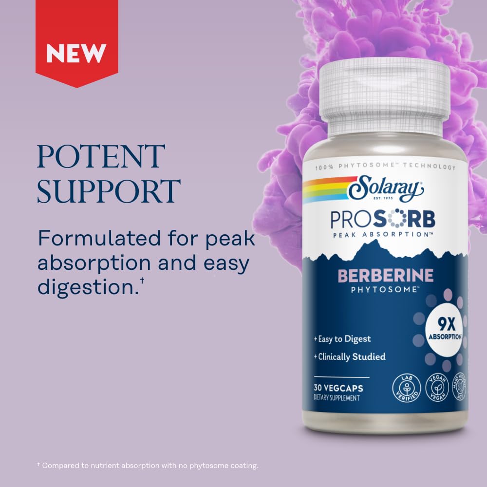 SOLARAY Berberine Phytosome - 9X Absorption and Easy-to-Digest - Standardized to 30% Berberine HCl - Vegan, Made Without Soy - dailyvitalstore